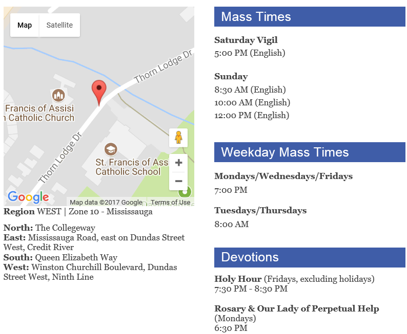 Image of google maps and mass times for St Francis of Assisi